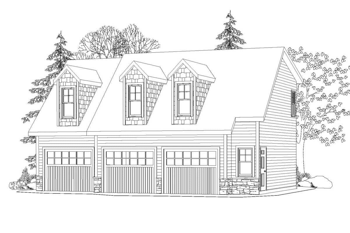 House plan exterior: Three dormers with gabled roofs and shaker siding above three garages with glass pane doors.