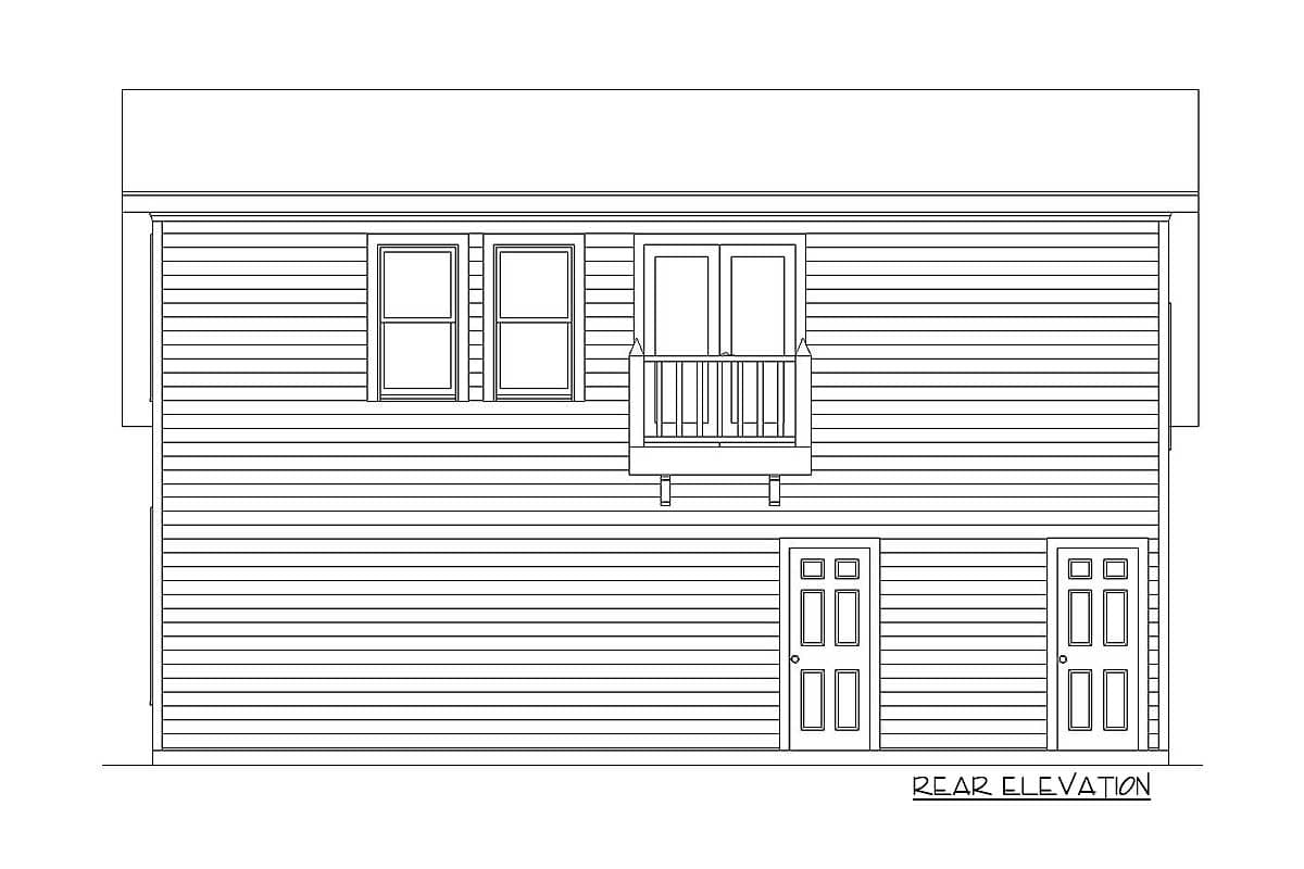 Rear elevation drawing of a house plan with two doors below and a balcony with double doors above two windows.