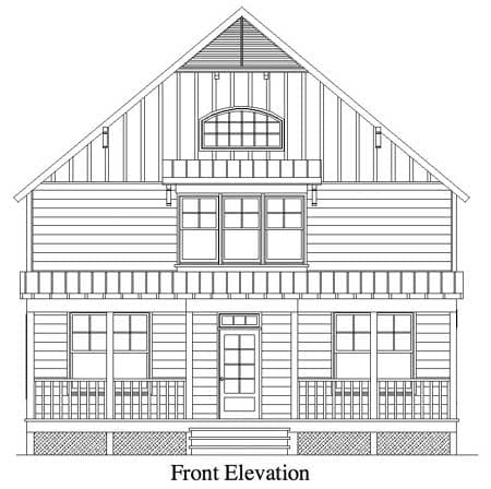 Front elevation drawing of a two-story house with a full-width front porch, gabled roof, and horizontal siding.