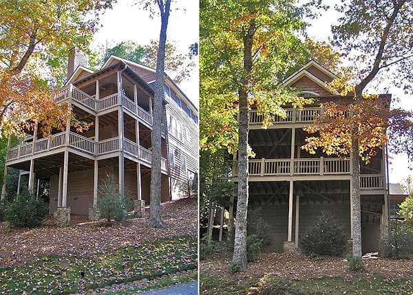 House plan exterior: three-story home with multiple wraparound porches, wood siding, and stone foundation.