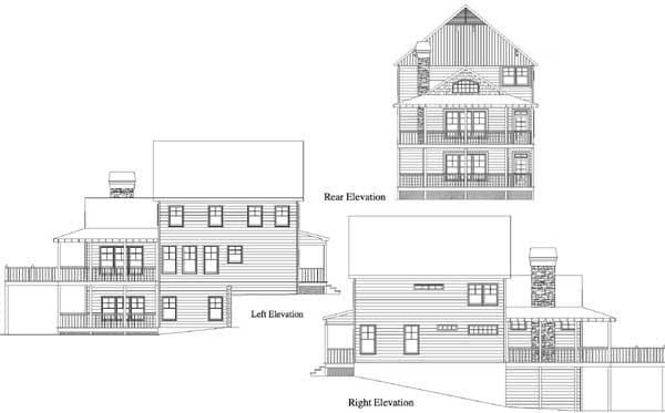 House plan showing front, rear, left, and right elevations with multiple stories, balconies, and gabled rooflines.