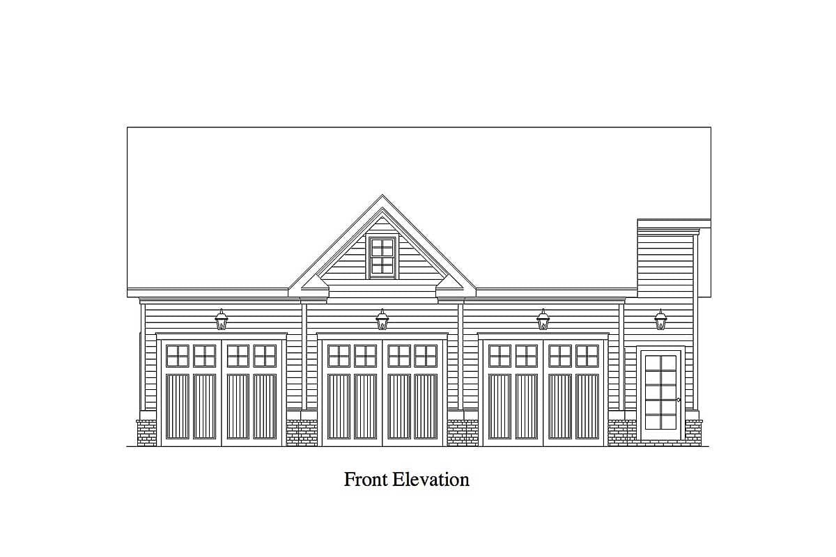 Front elevation drawing of a house plan featuring three garage doors, a central gable with a dormer window, and horizontal siding.