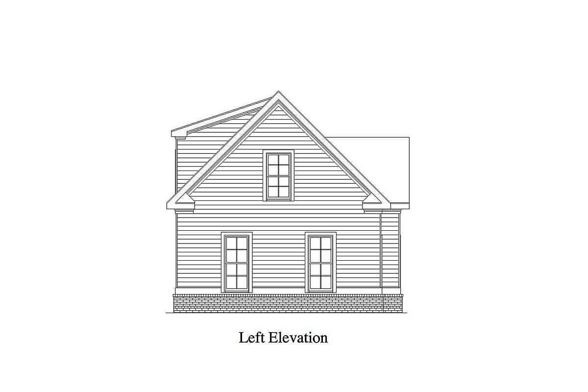 Left elevation drawing of a two-story house plan with gabled roof, clapboard siding, and brick foundation.