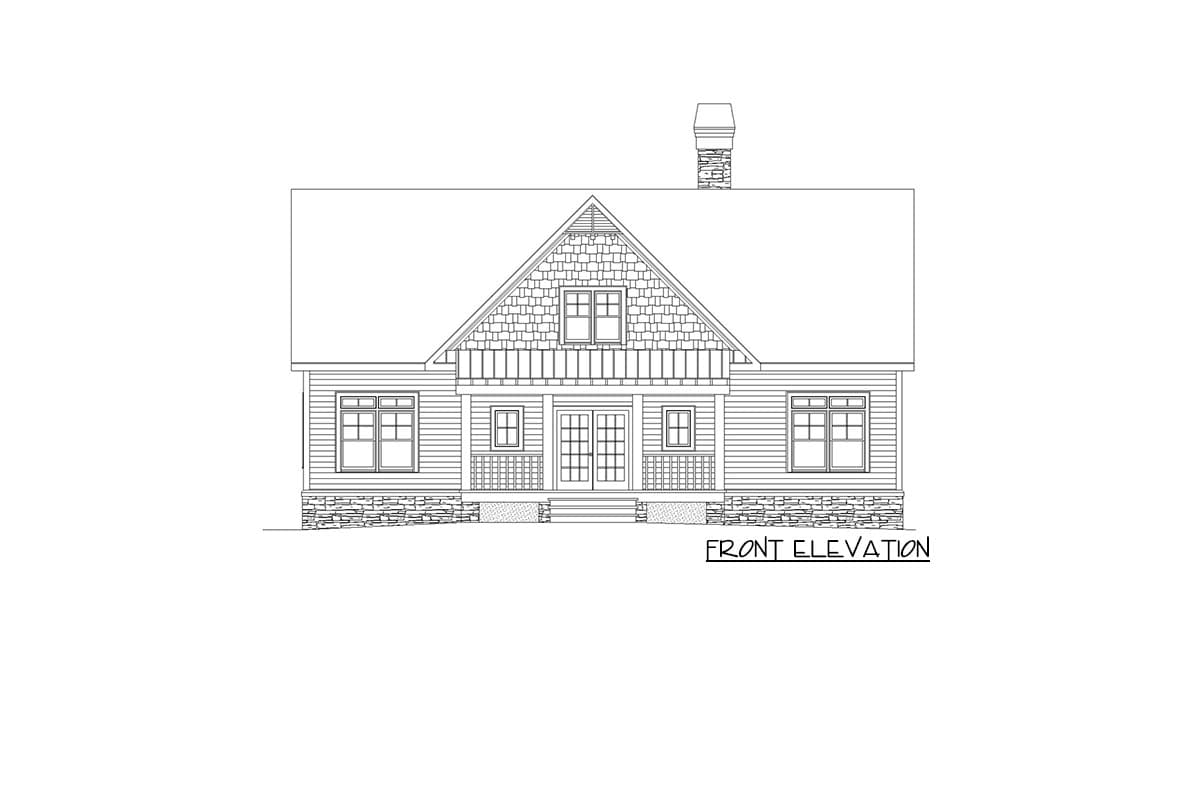 Front elevation drawing of a one-story house with a gabled roof, front porch, double doors, and stone foundation.