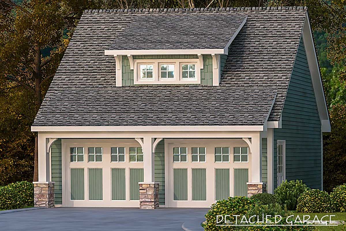 Detached garage house plan exterior with two bays, stone-clad pillars, and a dormer with three windows.