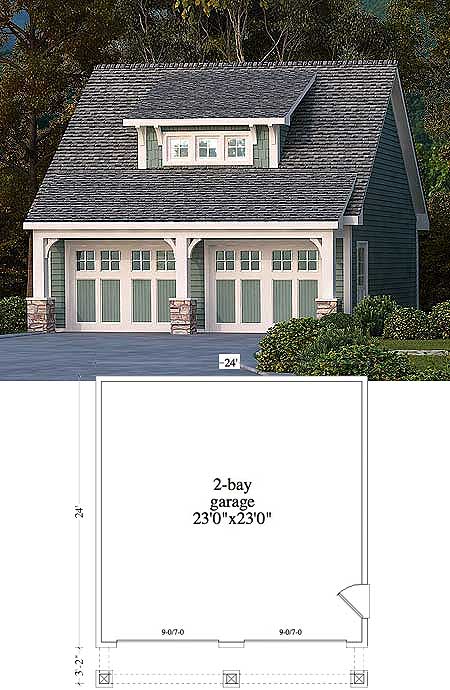 House plan exterior of a 2-bay garage with a dormer, decorative columns, and divided light garage doors.
