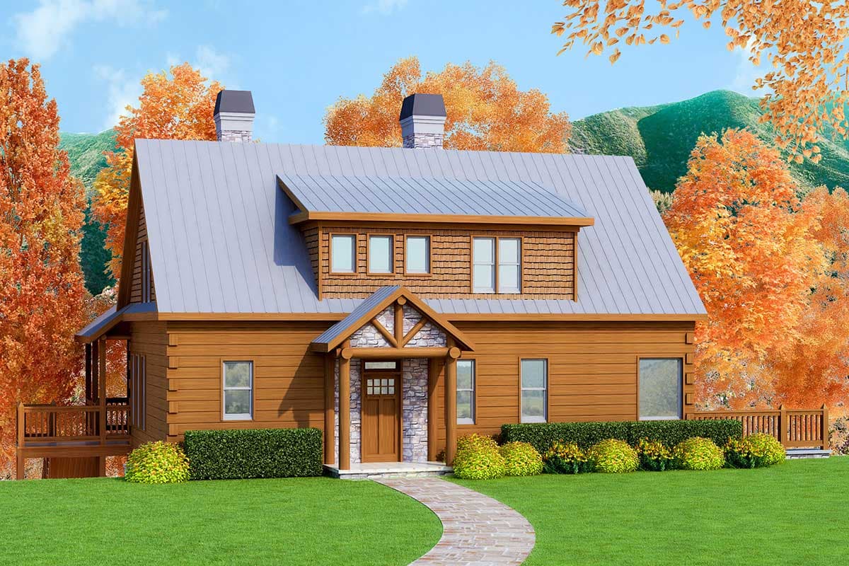 Log cabin house plan exterior with a steeply pitched metal roof, dormer, wood siding, stone and timber covered entry, and side porch.