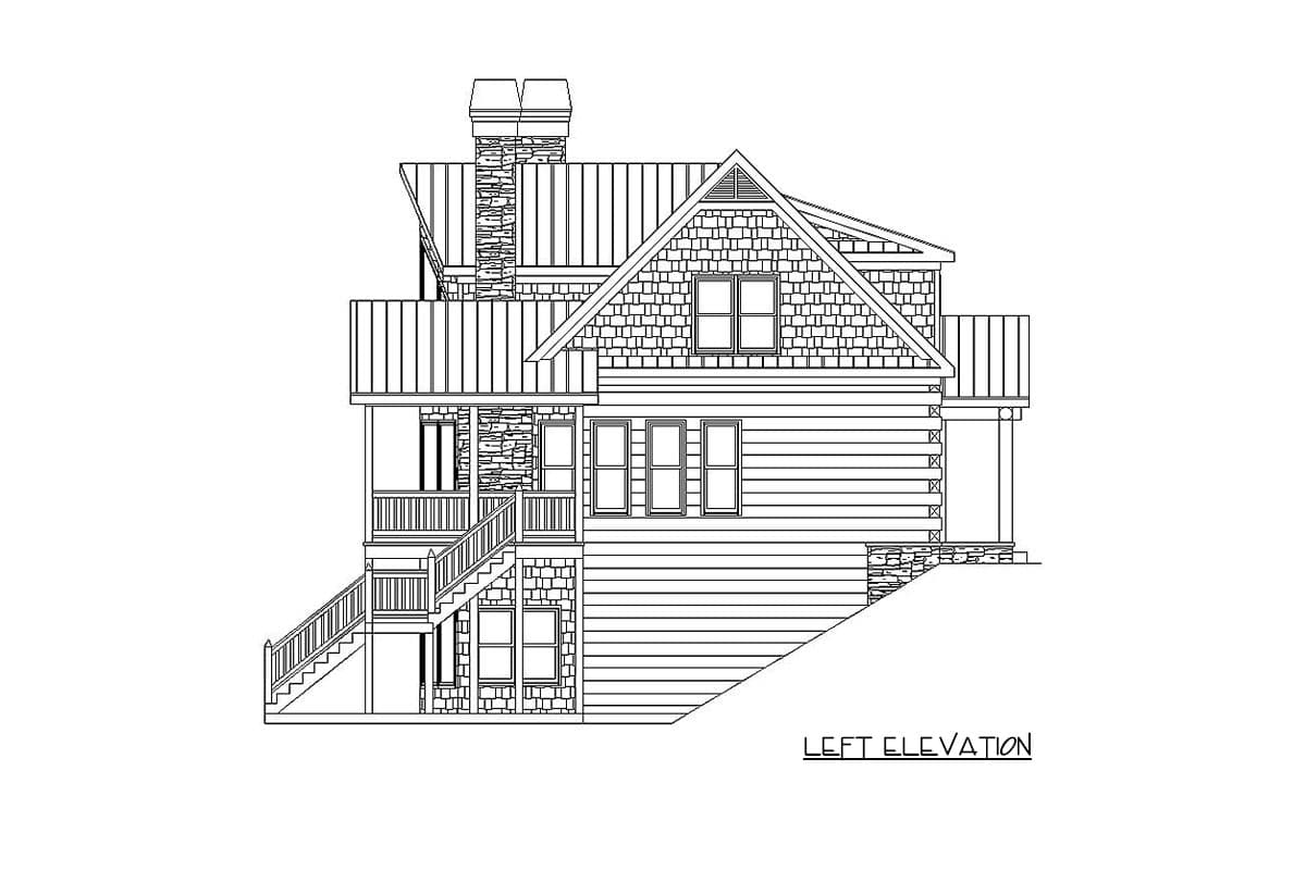 Left elevation house plan with stone chimney, varied siding, gabled dormer, porch, and deck.