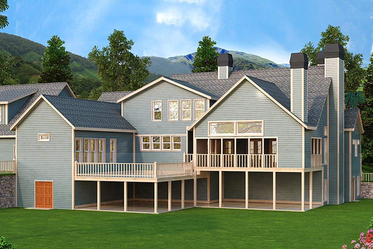House plan exterior: A multi-story home with a deck, multiple gables, and prominent chimneys.