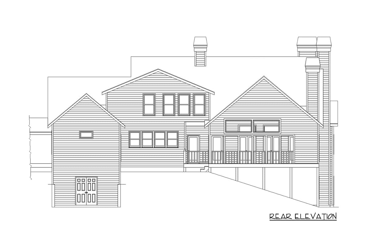 Rear elevation house plan showing multiple gables, dormers, double doors with balcony, and a garage.