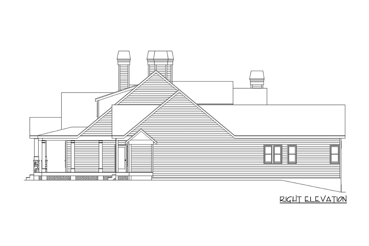 House plan right elevation drawing showing a gabled roofline, covered porch with columns, and multiple chimneys.