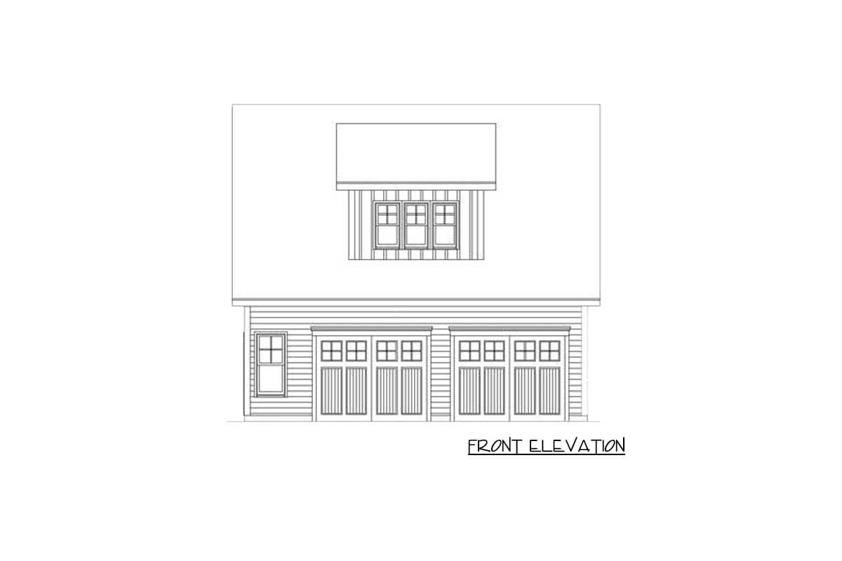 Front elevation drawing of house plan with two double garage doors, one single door, and three dormer windows.