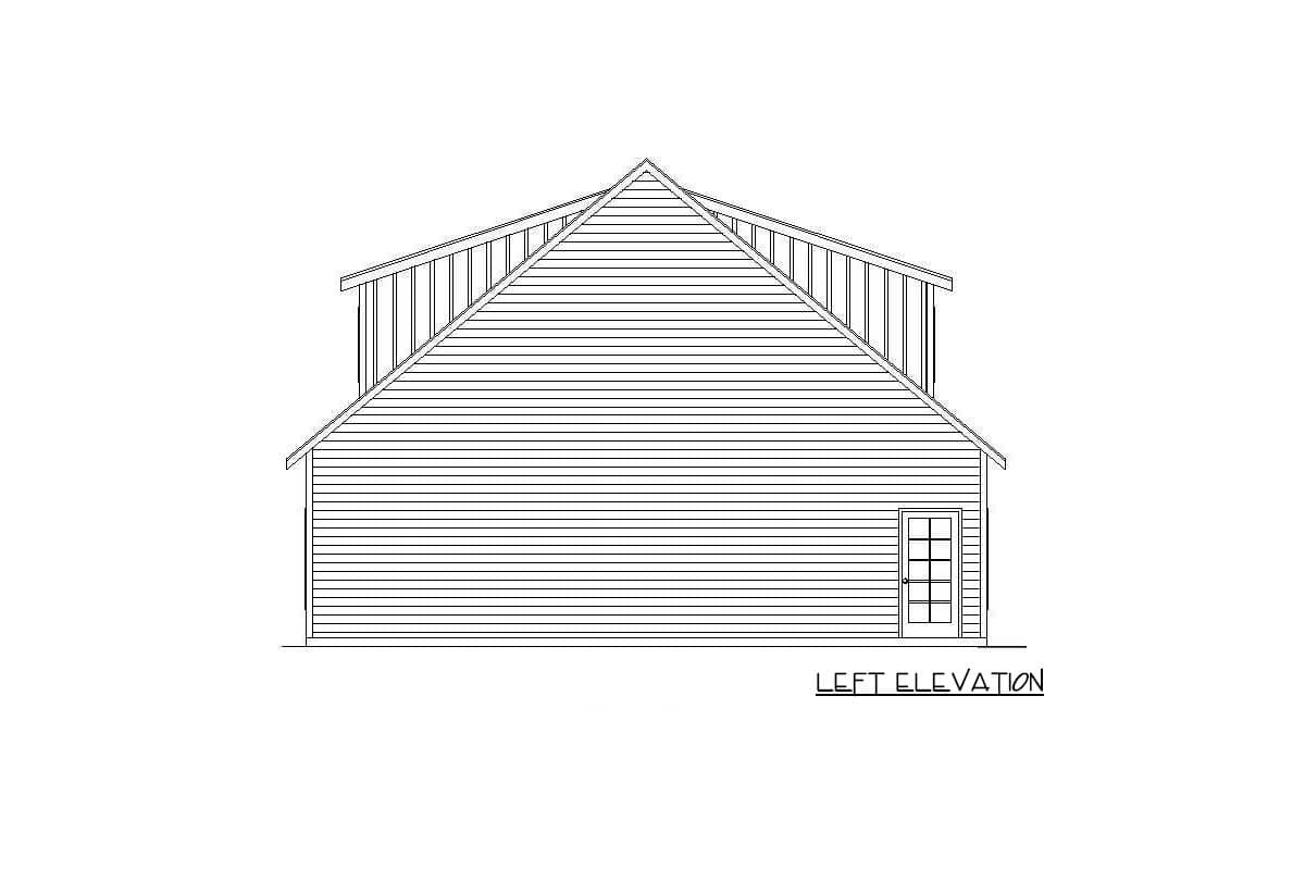 Left elevation drawing of a house plan with horizontal siding, a gabled roof, and a single door.