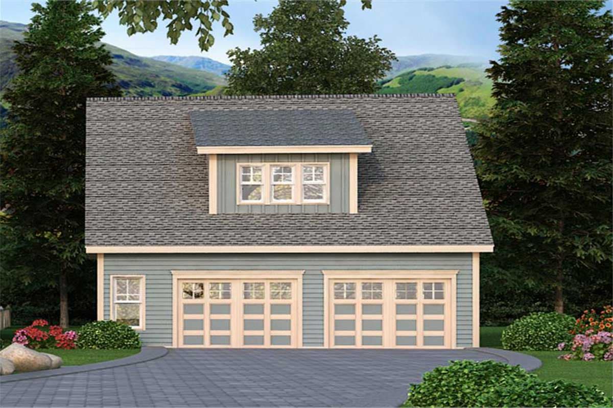 House plan exterior with two-car garage doors, a dormer with three windows, and siding.
