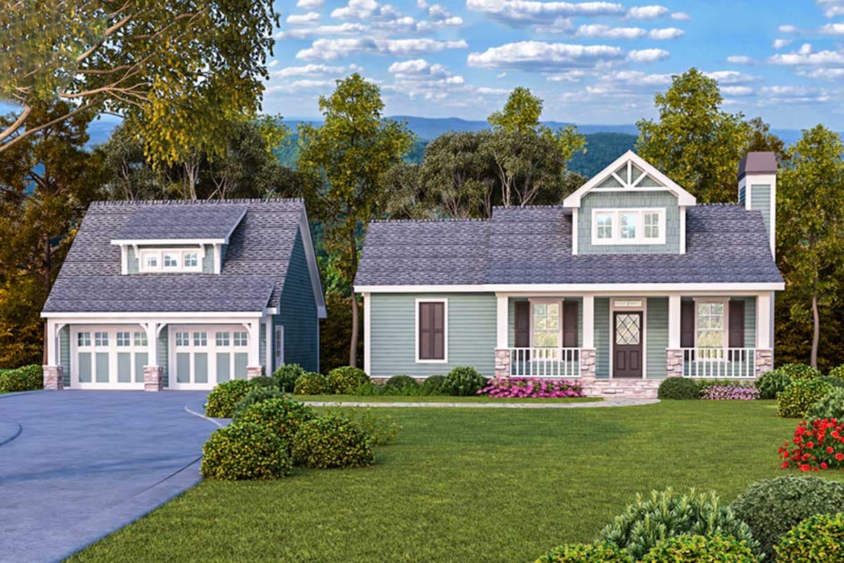 House plan exterior of a two-story Modern Farmhouse with a front porch, dormer, and attached three-car garage.