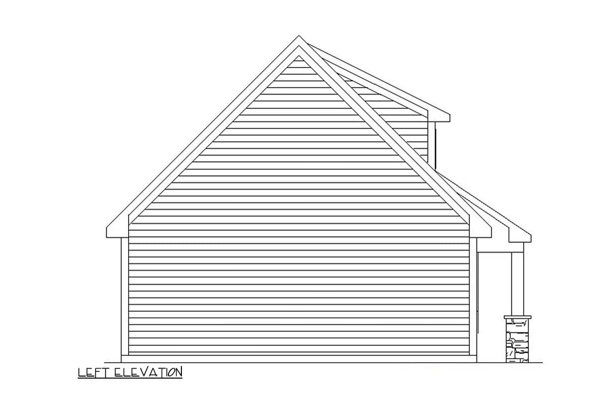 Left elevation of a house plan showing horizontal siding, a prominent gable roof, and a porch with stone detailing.