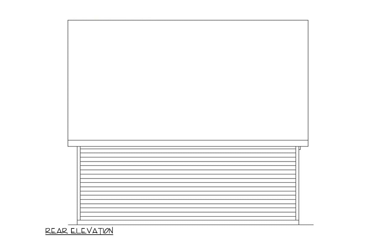 Rear elevation drawing of a house plan showing a horizontal siding pattern on the lower section and blank upper section.