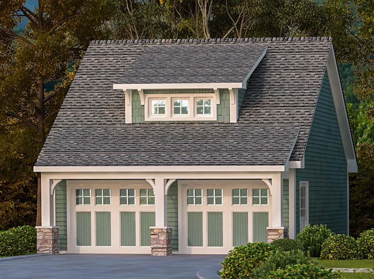 House plan exterior showing a two-car garage with a dormer window, stone-clad pillars, and multi-pane garage doors.