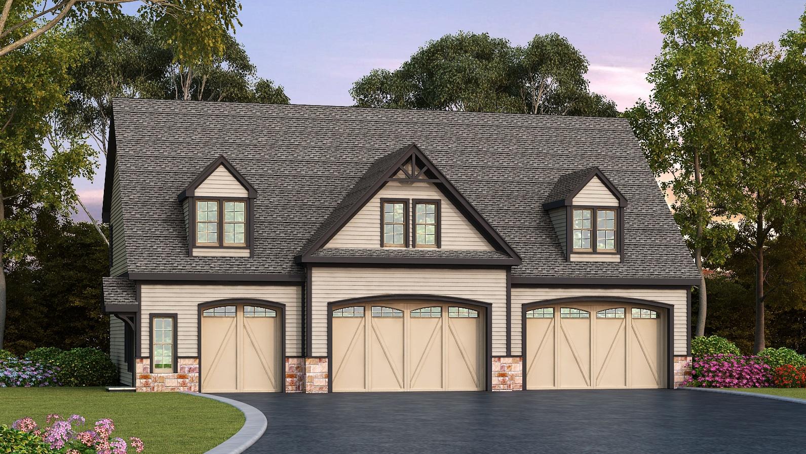 House plan exterior: Three-car garage with arched doors, dormers, and gable accents.