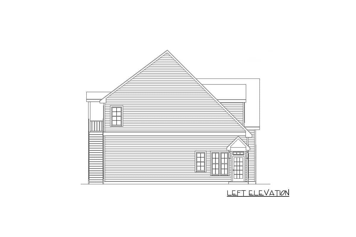 Left elevation drawing of a house plan showing siding, a prominent gable roof, and a centered front door with sidelights.