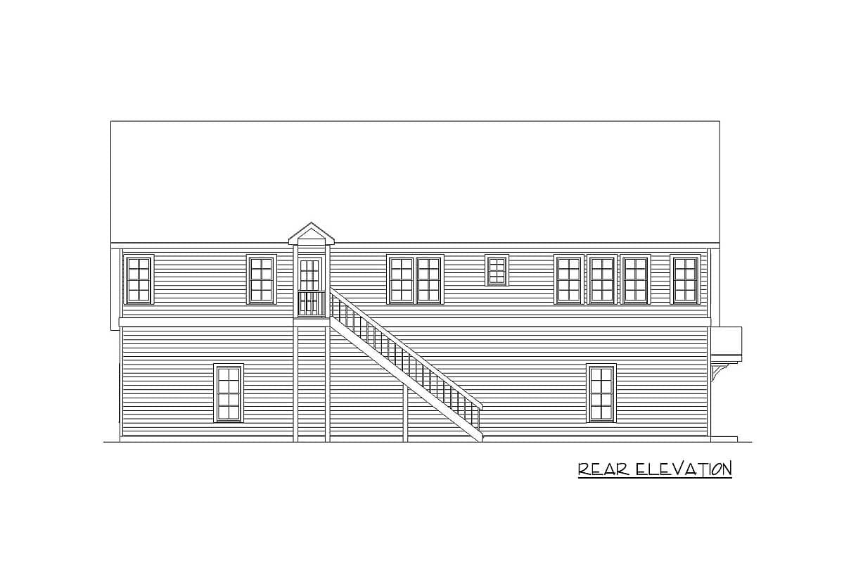 Rear elevation drawing of a two-story house plan with double-hung windows and a central staircase to the upper-level door.