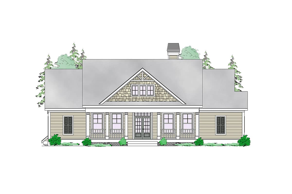 House plan exterior: One-story home with a central gable, wide front porch with square columns, and double front doors.