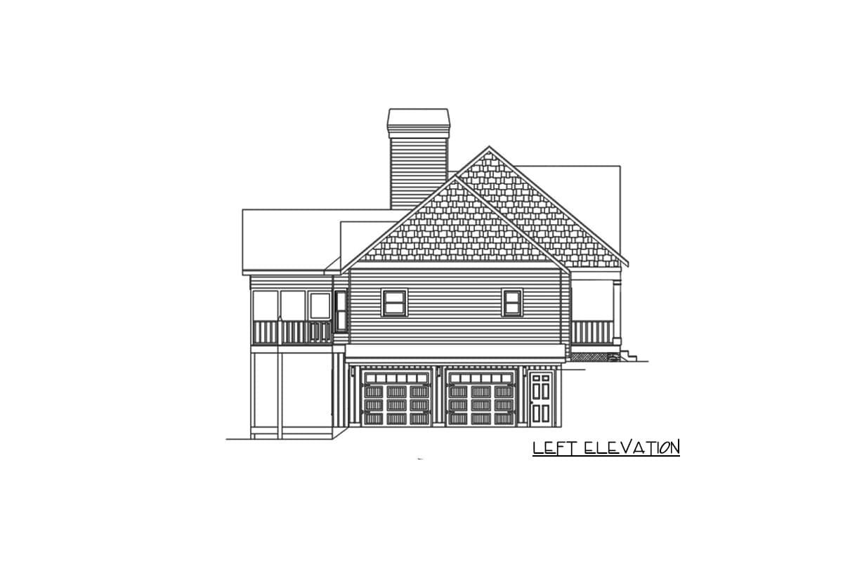 Left elevation house plan showing a two-story home with a side-entry garage, covered porch, and gabled roof with dormers.