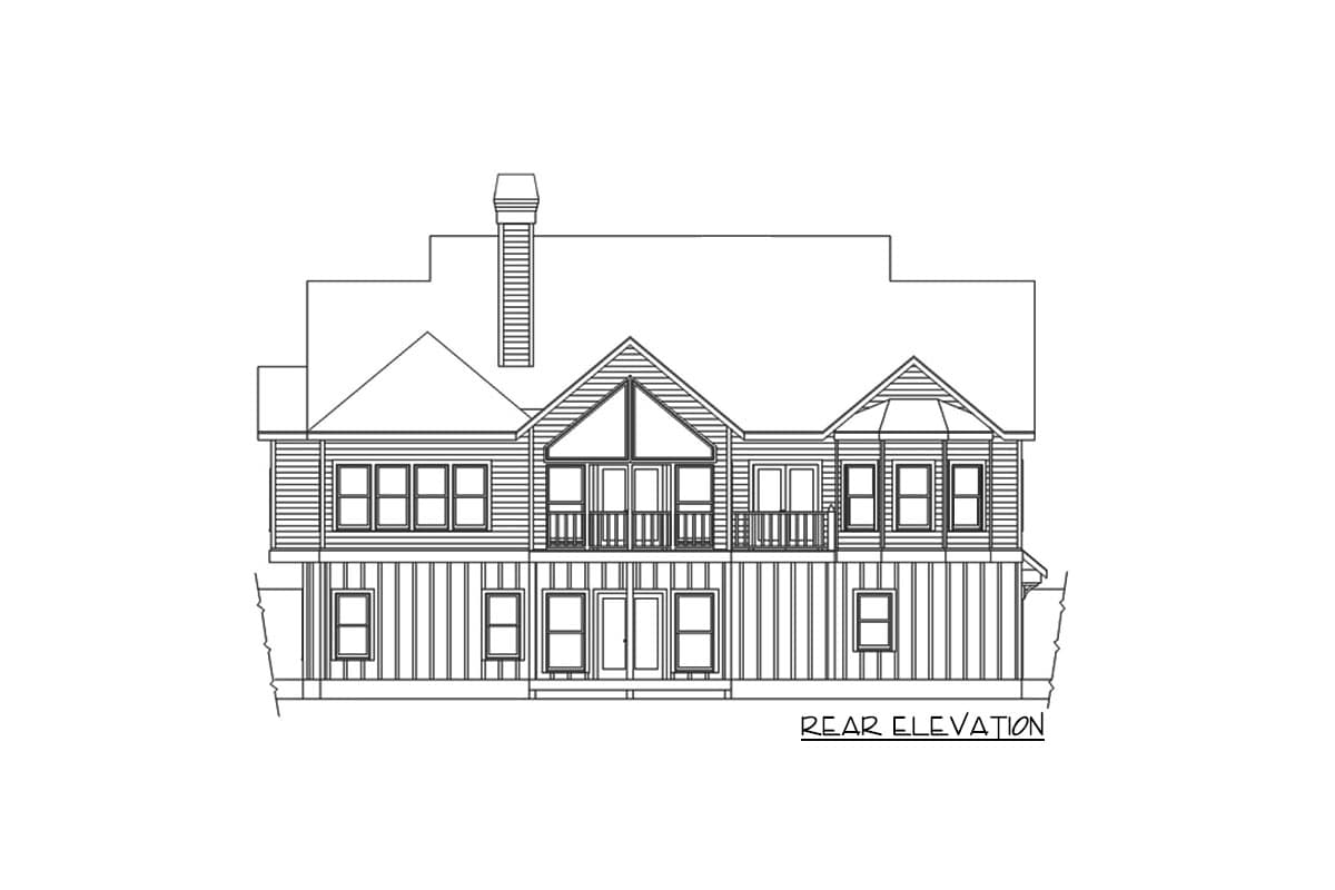 Rear elevation of a house plan featuring a multi-level roof, dormers, balconies, and a prominent chimney.
