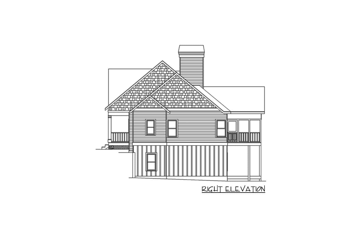 Right elevation drawing of a two-story house plan featuring gables, dormers, a chimney, and covered porches.