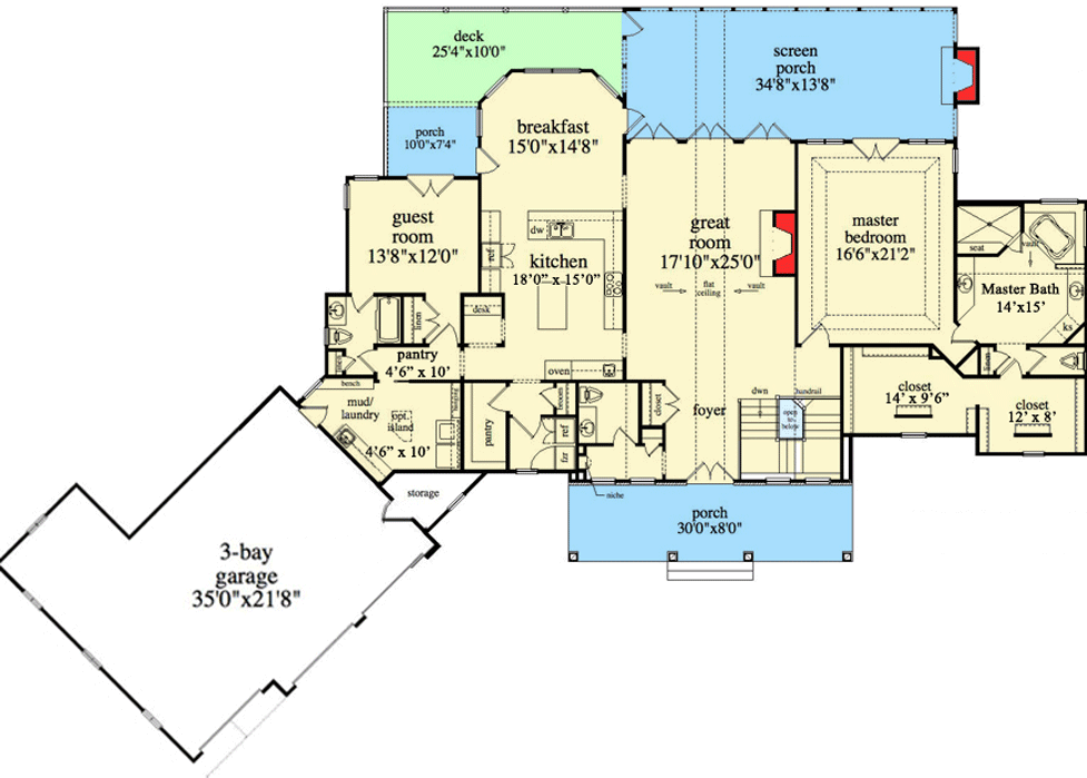 Plan 29876RL: Ranch Home Plan for the Mountain or Lake-view Lot - 2618 Sq Ft - Floor Plan - Main Level - Coastal, Country, Craftsman, Mountain, Rustic, Vacation