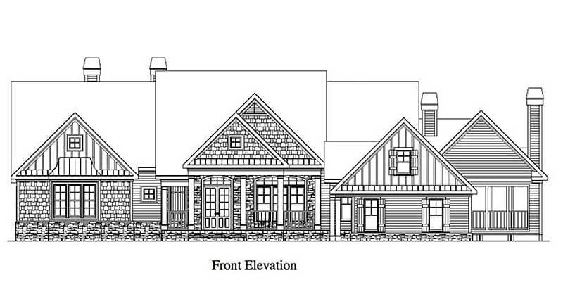 Front elevation drawing of a house plan featuring multiple gables, stone base, double front doors, and porches.