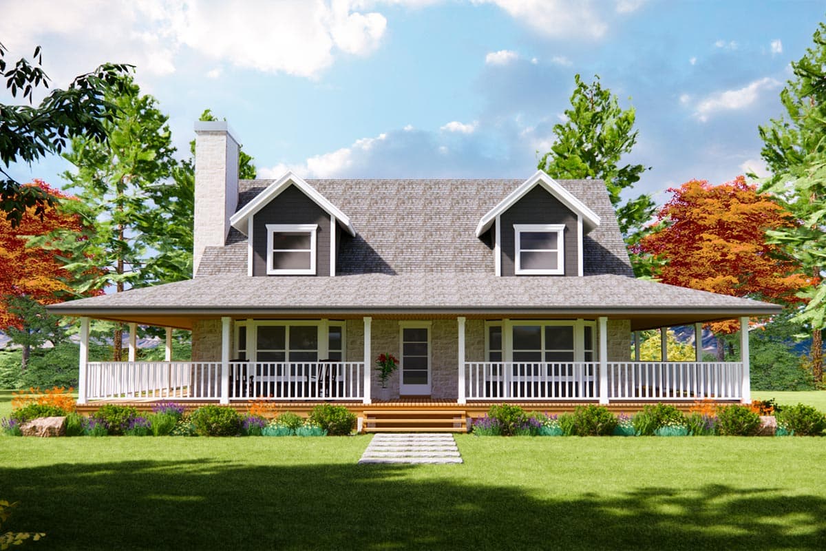 House plan exterior. Two-story farmhouse with a wraparound porch, two dormers, and a stone facade. Features a prominent chimney.