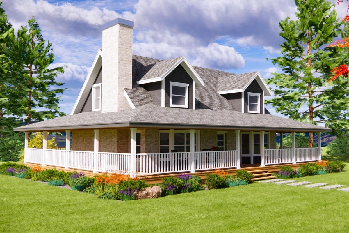 House plan exterior: Two-story Modern Farmhouse with wraparound porch, stone accent facade, and large gabled dormers.
