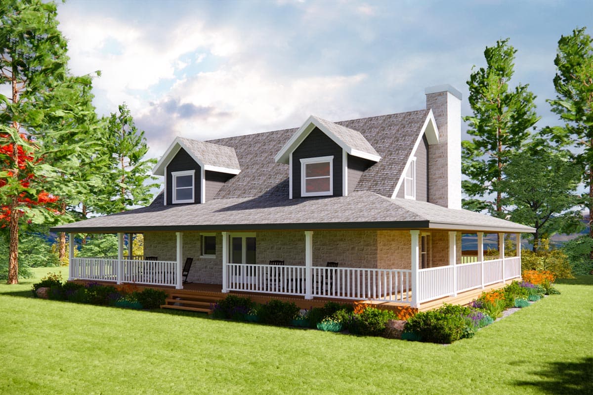 House plan exterior, one-story home with wrap-around porch, stone exterior, and dormer windows.