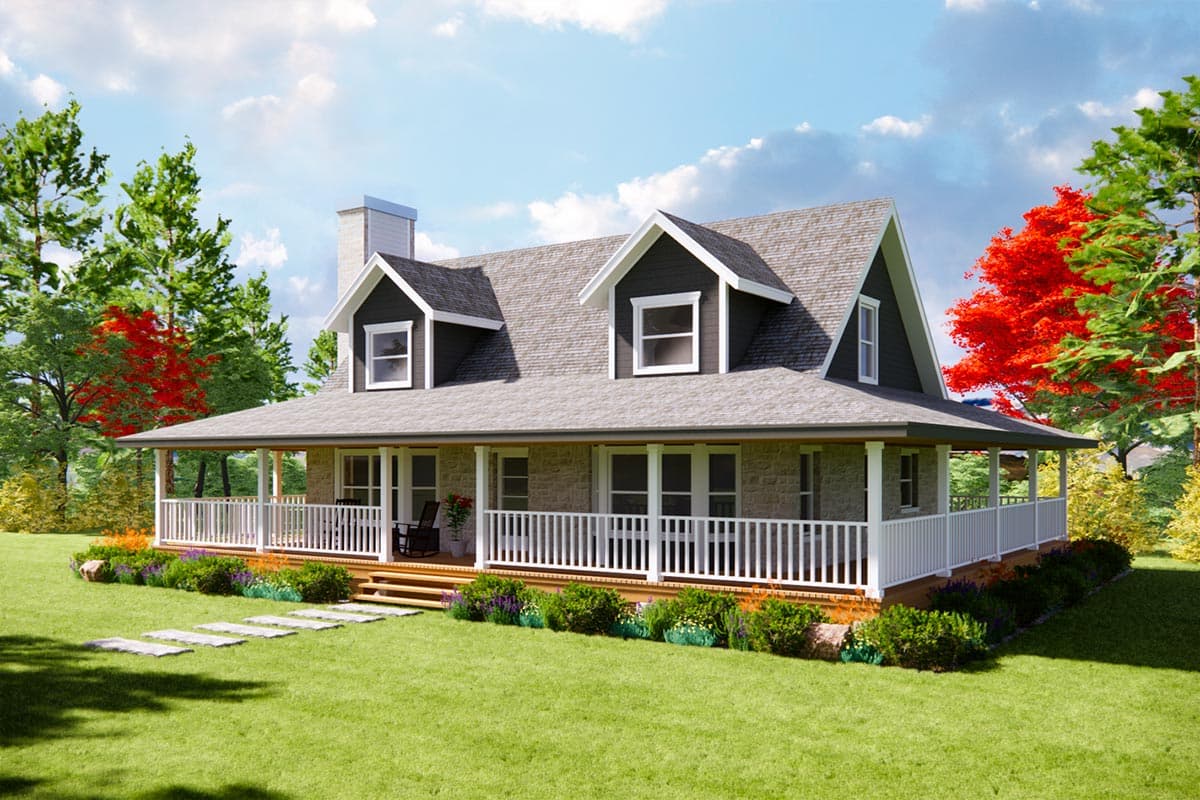 Plan 3000D: Hill Country Farmhouse Under 1900 Square Feet with 8-Foot-Deep Wraparound Porch - Image #4 - Cottage, Country, Farmhouse, Hill Country, Southern