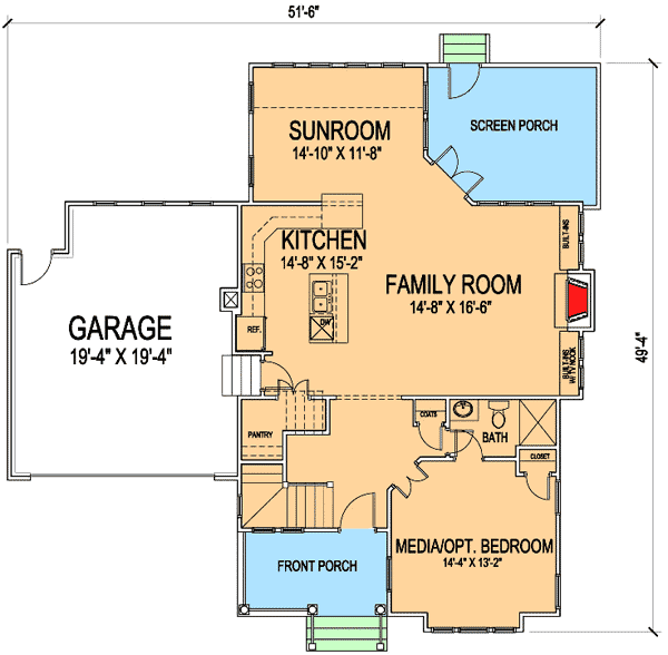Plan 30000RT: 3 Bedroom Craftsman Style House Plan with Sunroom - 2200 SqFt - Floor Plan - Main Level - Cottage, Craftsman, Traditional