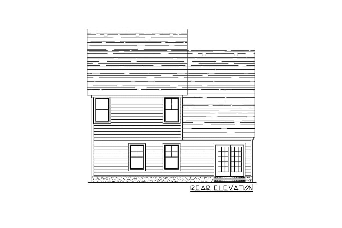 Rear elevation drawing of a house plan featuring two stories, horizontal siding, four windows, and double doors.