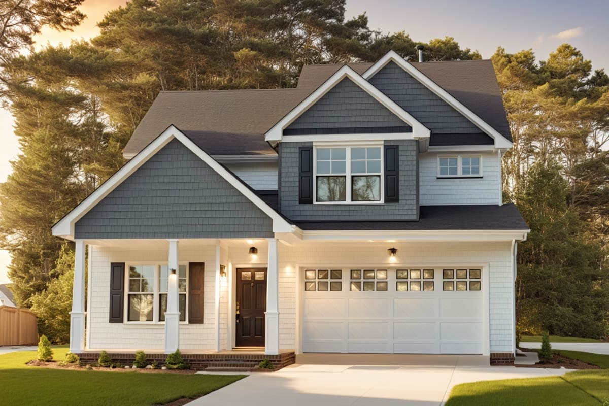 House plan exterior with two stories, a front porch with columns, a gabled roof, and a two-car garage with multiple paneled door.