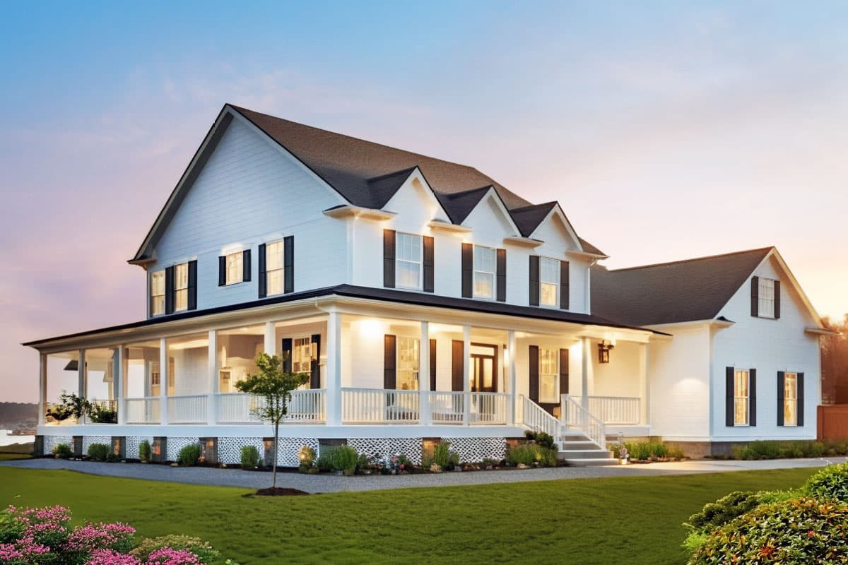 House plan exterior. Two-story farmhouse with wraparound porch, gabled roof, and dormers. Features include shutters and exposed rafter tails.