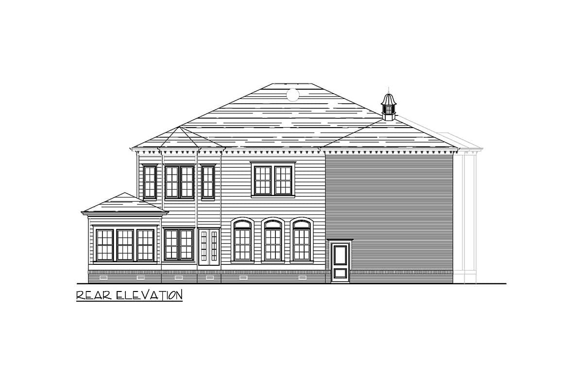 Rear elevation drawing of a two-story house with multiple gables, varied window styles, and a dormer.