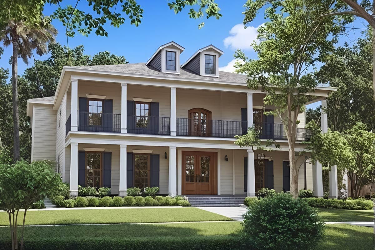 House plan exterior: two-story home with full-width covered porches, dormer windows, and double front doors.