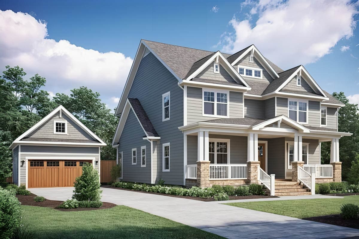 House plan exterior. Two-story home with Craftsman details. Features include a front porch, multiple gables, and a detached garage.