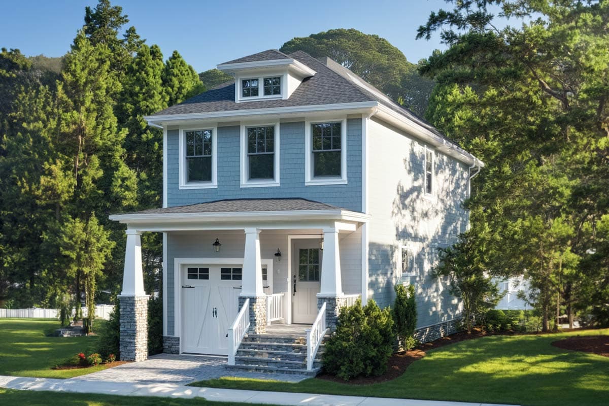 Two-story house plan exterior with shingle siding, gabled dormer, covered front porch, and attached garage.