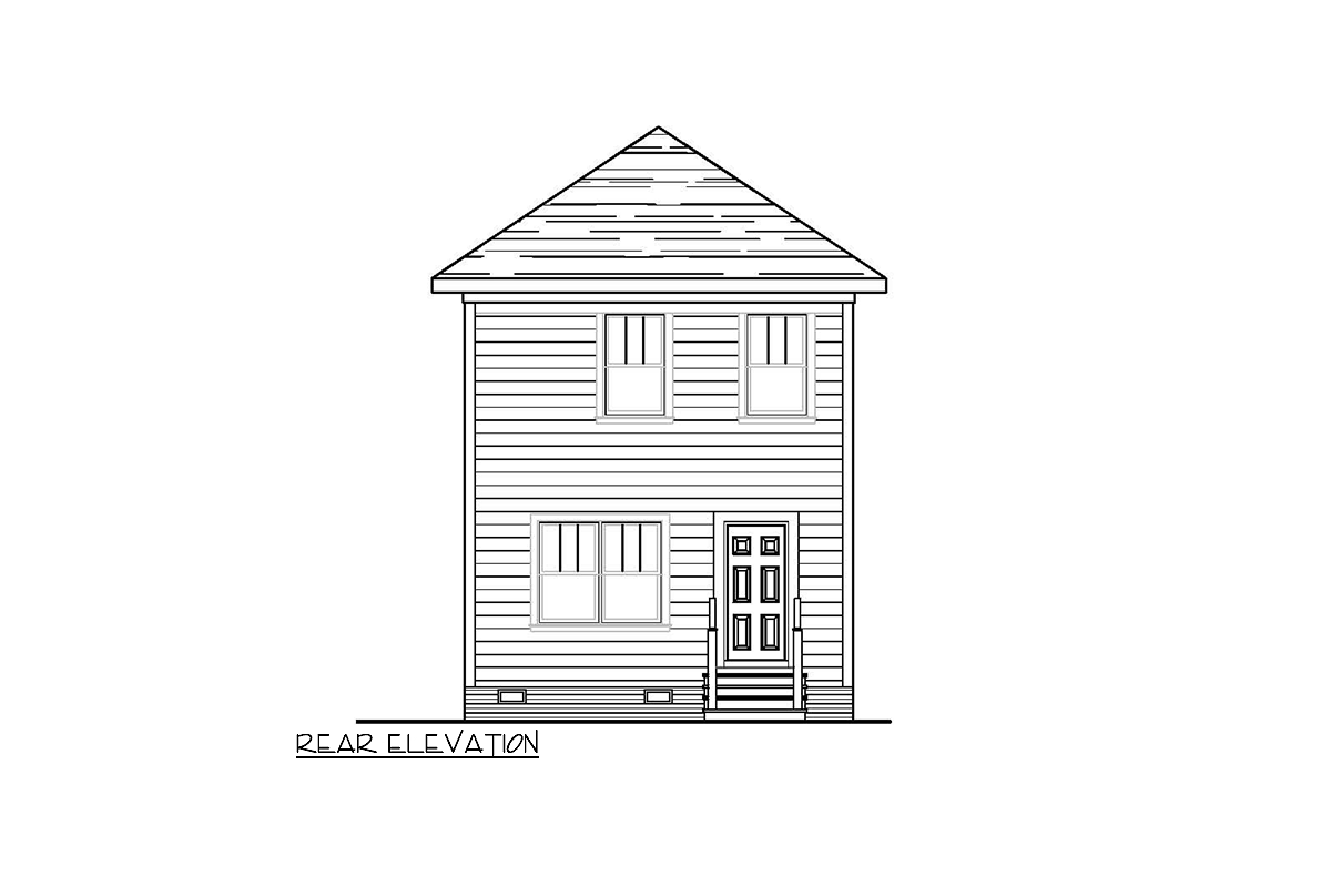 Rear elevation drawing of a two-story house plan with a gable roof, double-hung windows, and a centered front door with steps.