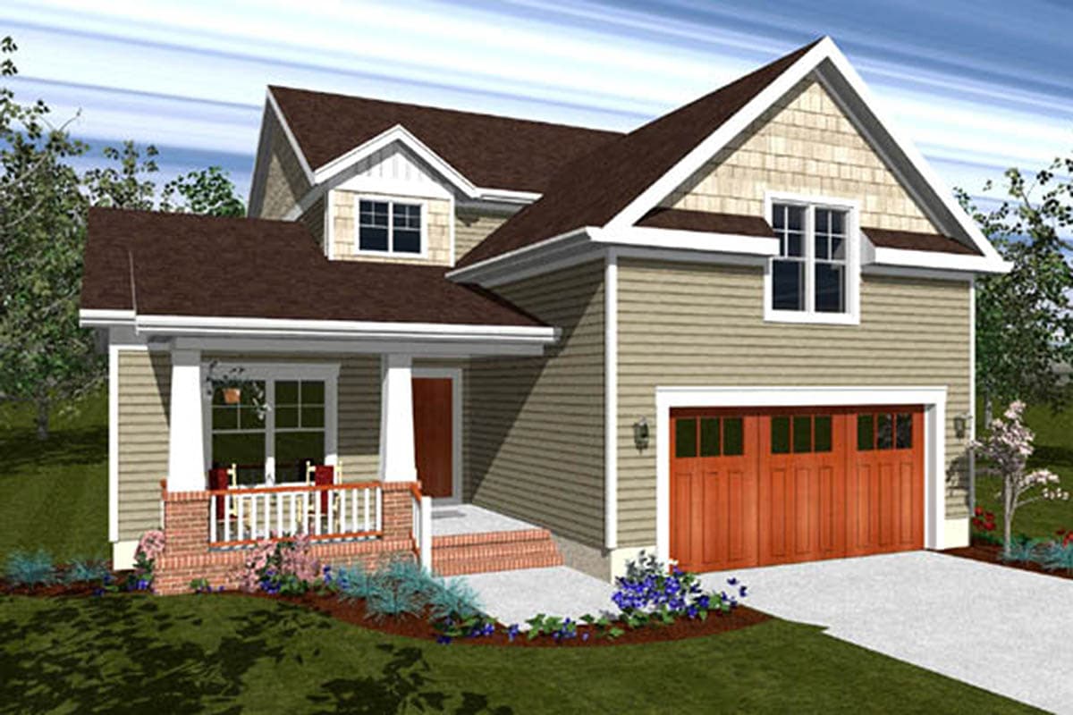 House plan exterior rendering. Two-story home with covered front porch, brick skirting, siding, gable dormer, and attached two-car garage.