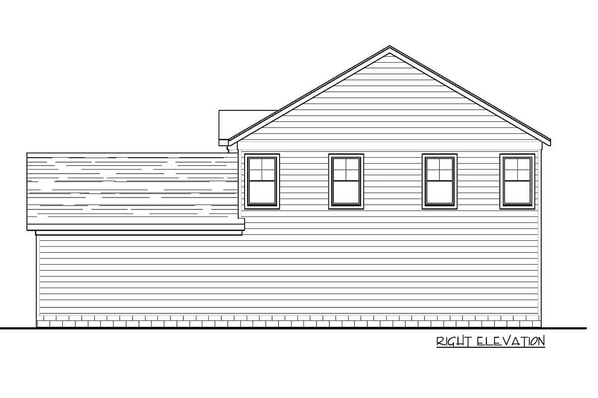 Right elevation house plan showing clapboard siding, multiple windows, and a prominent gable roof.