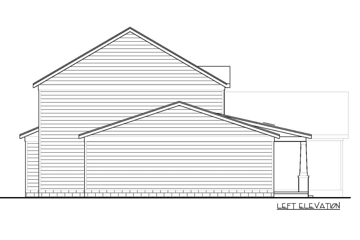 House plan left elevation shows a two-story structure with gabled rooflines and a covered porch supported by columns.