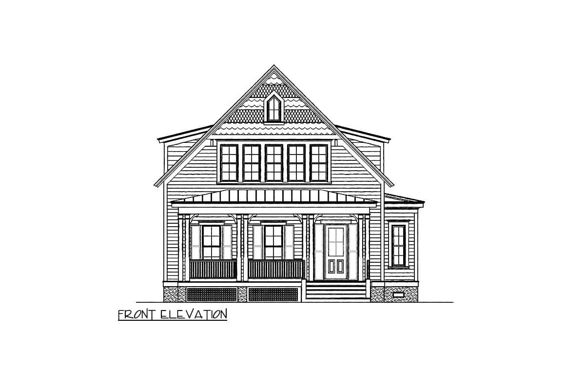 Front elevation drawing of a two-story house with a covered porch, gables, and decorative siding.