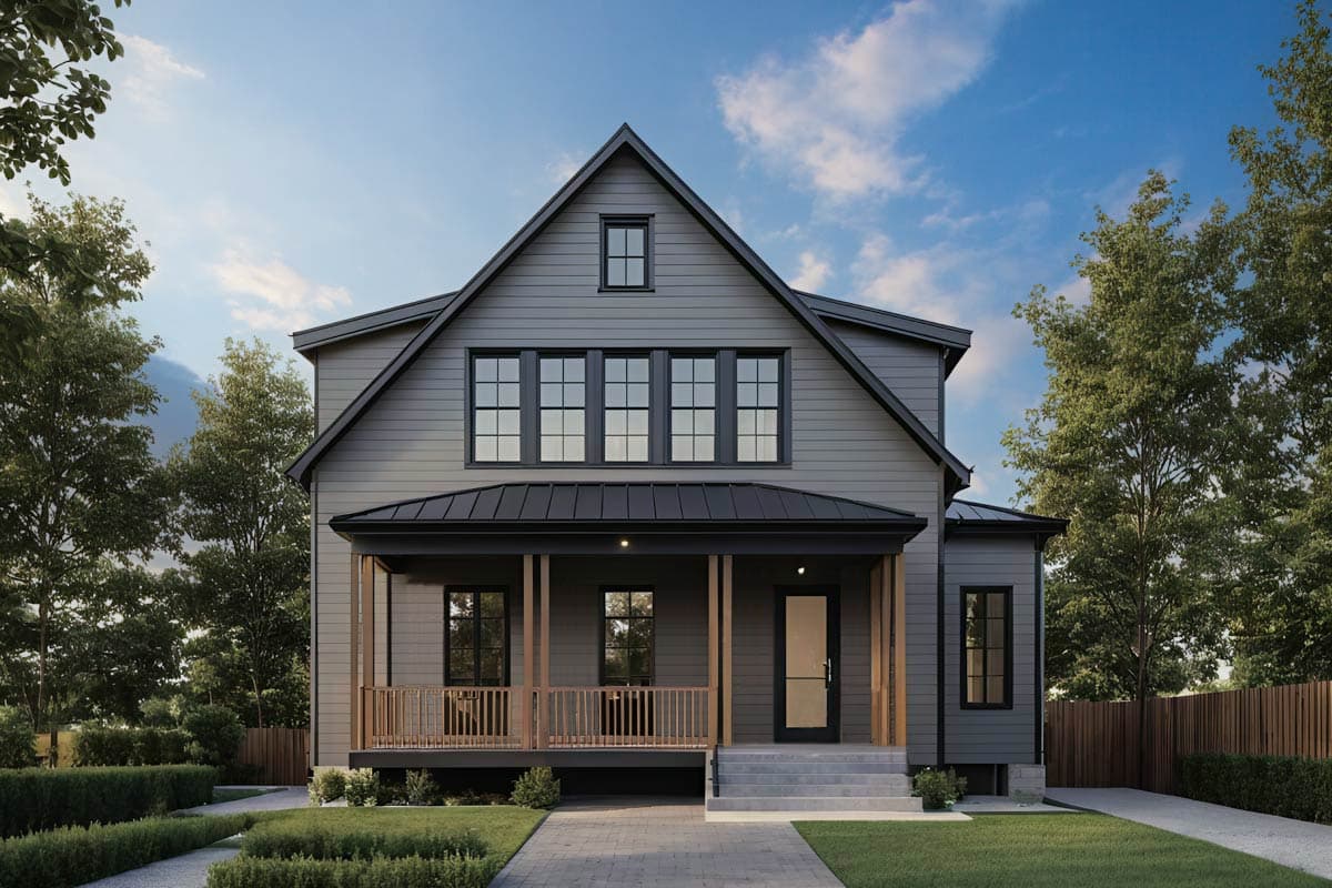 House plan exterior. Two-story Modern Farmhouse with a gabled roof, covered porch, and horizontal siding. Features include black metal roof accents.