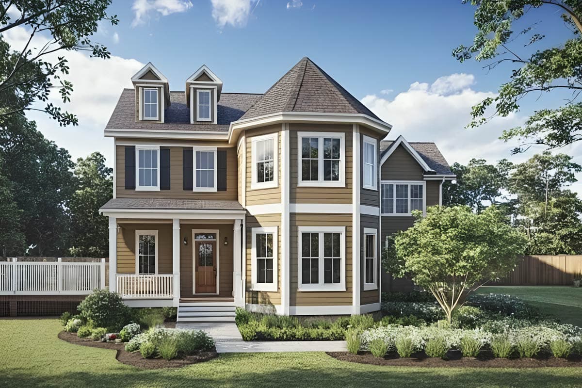 House plan exterior. Two-story home with a wraparound porch, two dormers, and a turret-style bay window. Featuring a gabled roof.